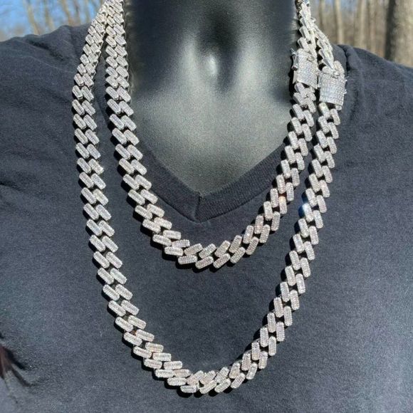 Stainless Steel White Gold Miami Cuban Baguette Diamond Chain 15mm30